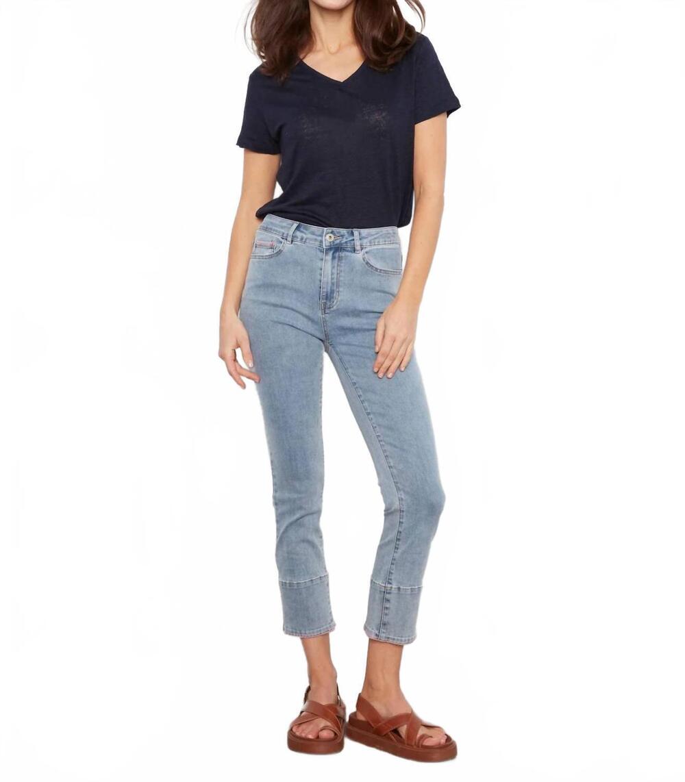 NEW CHARLIE B slim leg jeans with blanket stitch hem in light blue